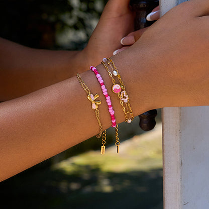 18K Gold Hot Pink Beaded Flower Bow Heart Chain Bracelet Stack