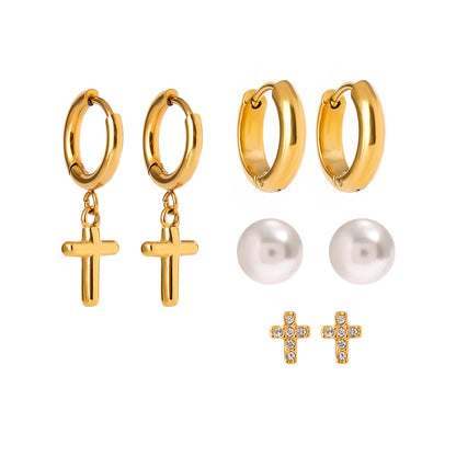 18K Gold Cross Small Hoop Huggie Earrings Set