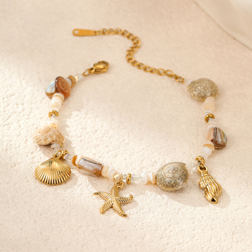 18K Gold Beach Vibe Starfish Shell Beaded Charm Bracelet
