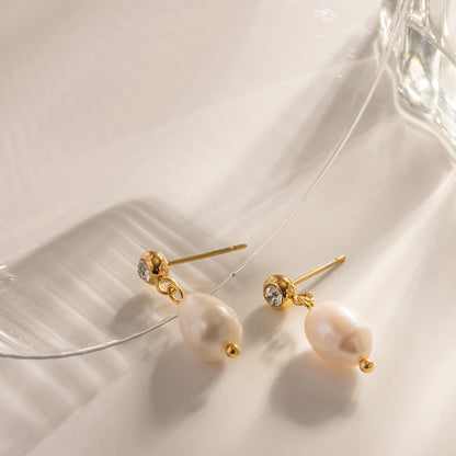 18K Gold Bling Pearl Stud Dangle Earrings