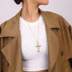 18K Gold Blue Halo Cross Pendant Statement Long Necklace