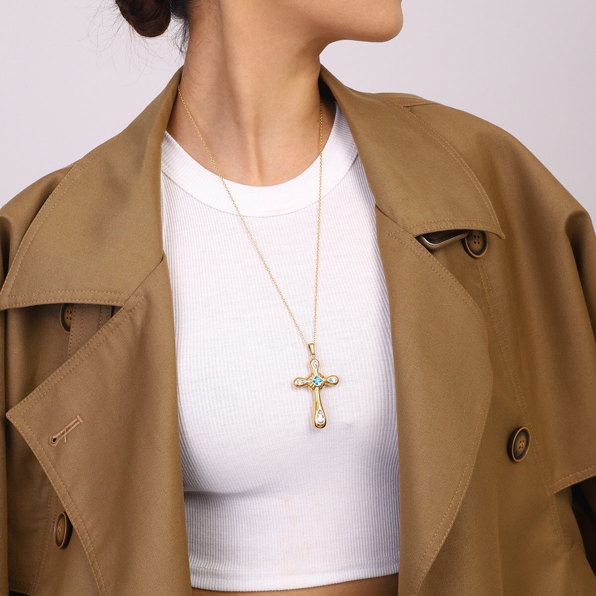 18K Gold Blue Halo Cross Pendant Statement Long Necklace