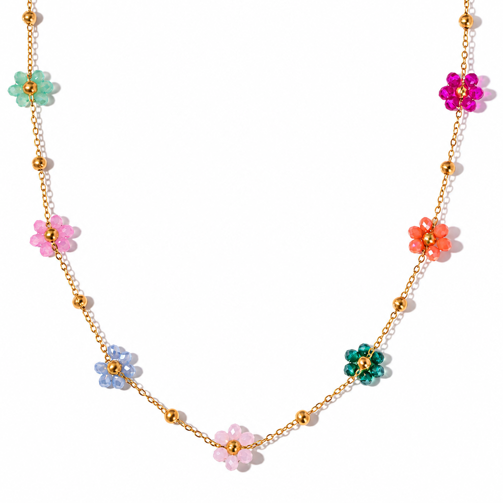 18K Gold Blossom Beaded Flower Necklace & Bracelet Set