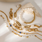 18K Gold Elegant Harmony Pearl Paperclip Chain Bracelet Stack