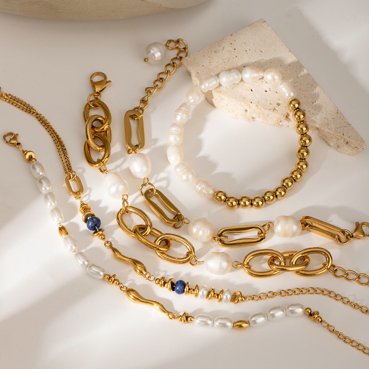 18K Gold Elegant Harmony Pearl Paperclip Chain Bracelet Stack