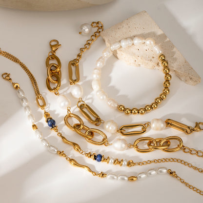 18K Gold Elegant Harmony Pearl Paperclip Chain Bracelet Stack