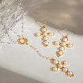 18K Gold Pearl Cross Pendant Lariat Necklace & Hook Dangle Earrings Set
