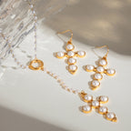 18K Gold Pearl Cross Pendant Lariat Necklace