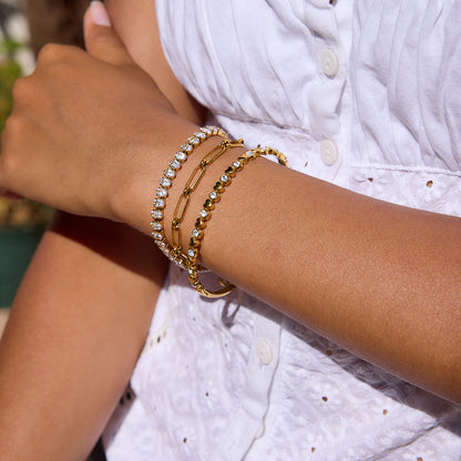 18K Gold Extra Bling Paperclip Chain Bangle Tennis Bracelet Stack