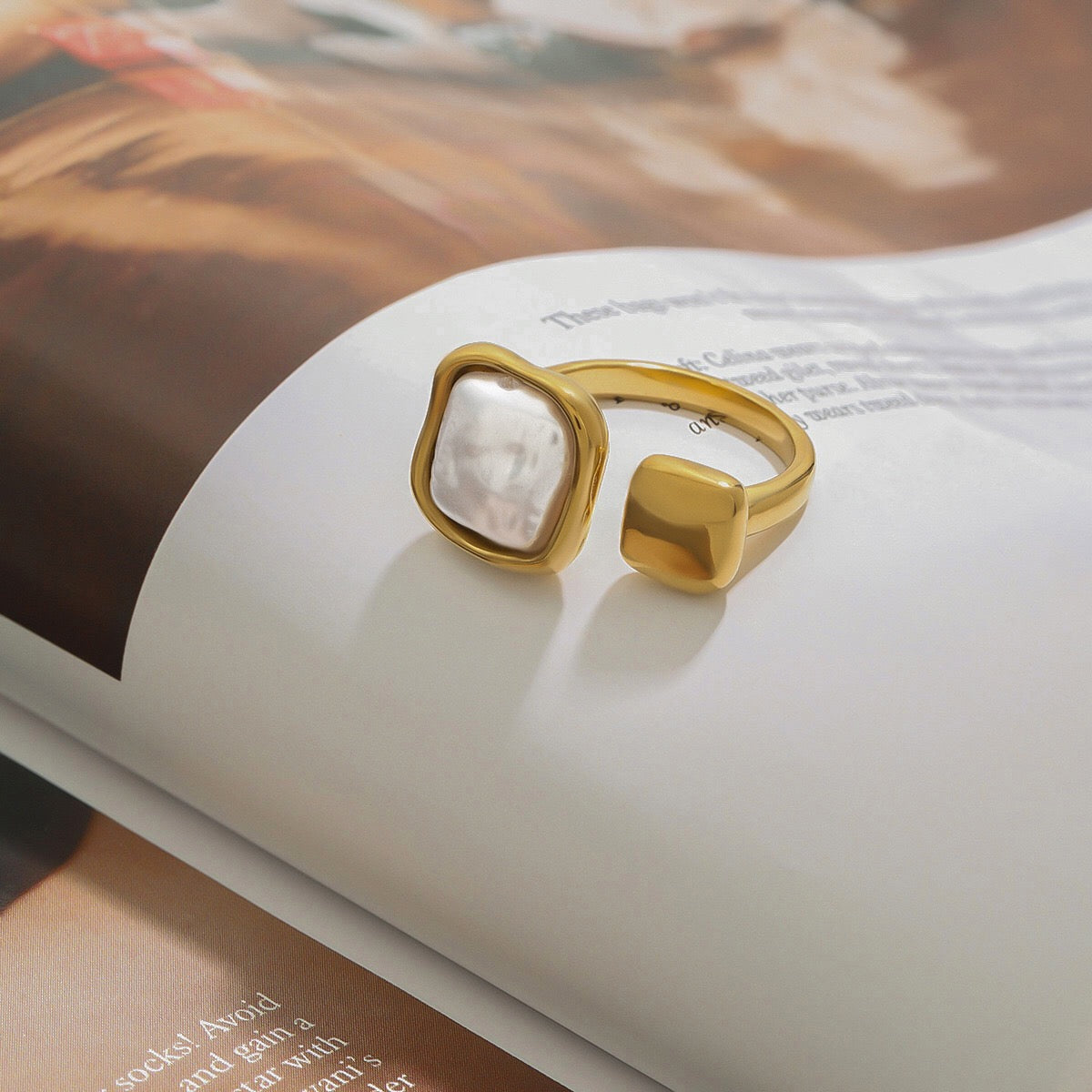 18K Gold Classy Square Pearl Cuff Ring