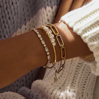 18K Gold Diamond Fever Paperclip Chain Cuff Bangle Tennis Bracelet Stack