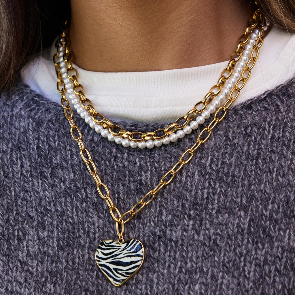 18K Gold Zebra Print Heart Pedant Paper Clip Chain Beaded Pearl Layered Necklace Set