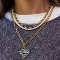 18K Gold Zebra Print Heart Pedant Paper Clip Chain Beaded Pearl Layered Necklace Set