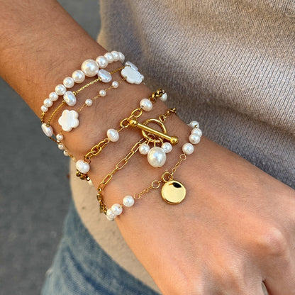 18K Gold Floating Pearls Chain Bracelet Stack