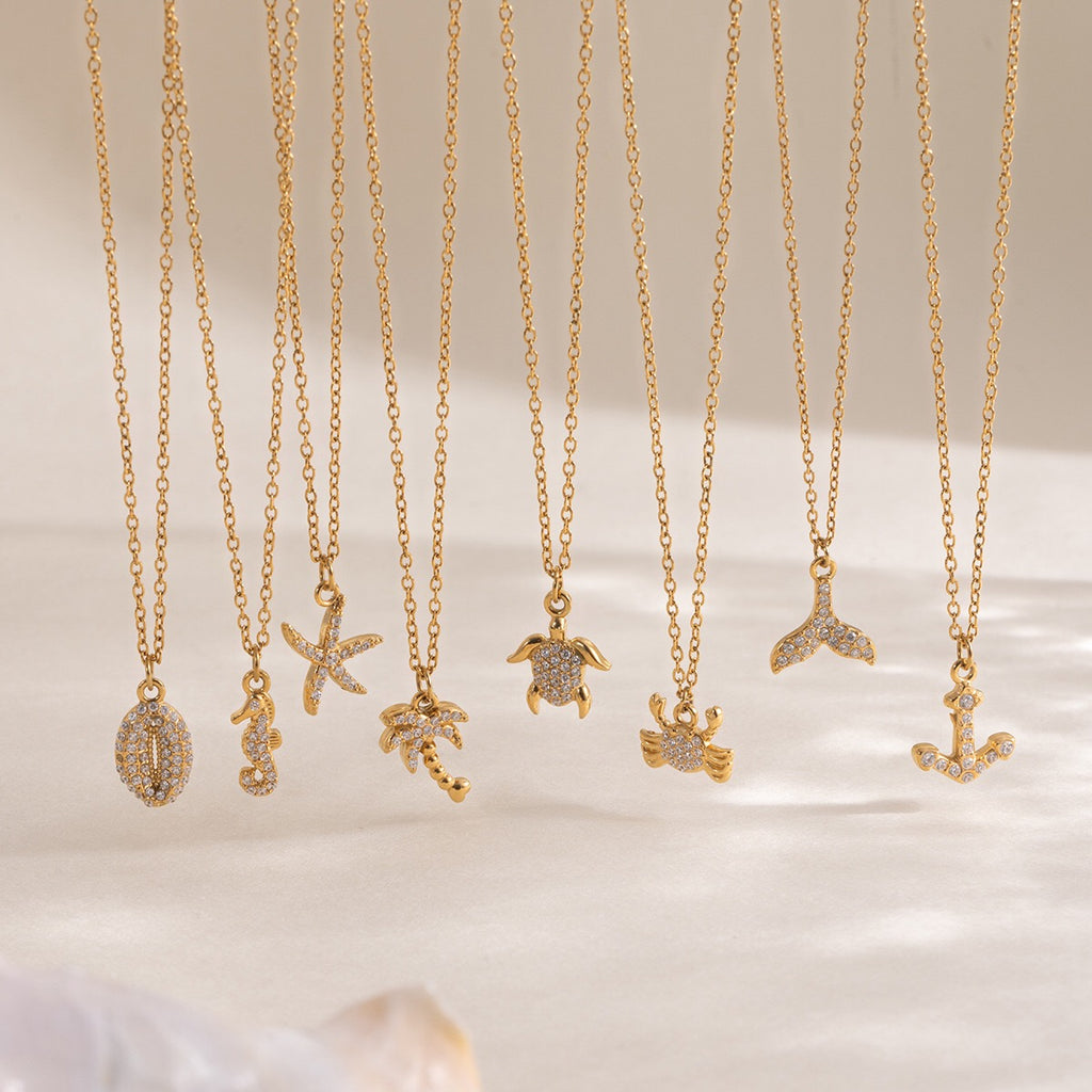 18K Gold Ocean Sparkle Seashell Palm Tree Small Hoop Huggie Earrings with Charm