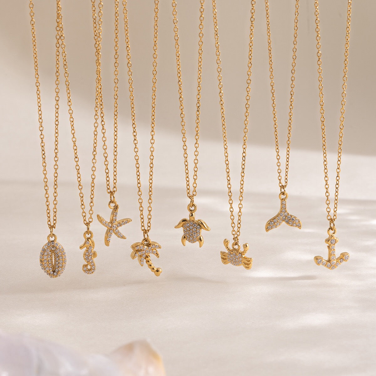 18K Gold Ocean Sparkle Seashell Palm Tree Dainty Pave Pendant Necklace Jewelry Set