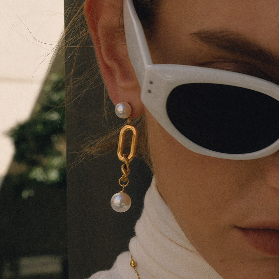 18K Gold Champagne Problems Pearl Chain Drop Dangle Earrings