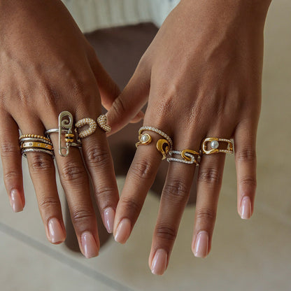 18K Gold Runway Chic Safety Pin CZ Pearl Statement Rings