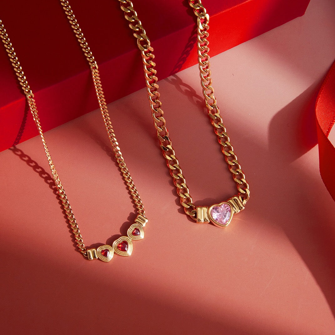 18K Gold Crimson Crush Red Pink Heart Cuban Link Chain Necklace