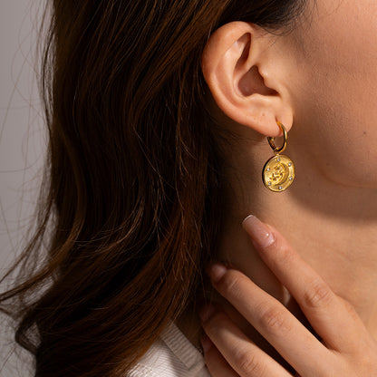 18K Gold Celestial Coin Huggie Earrings with Charm