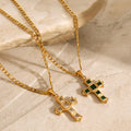 18K Gold Gemstone Cross Pendant Figaro Chain Statement Necklace