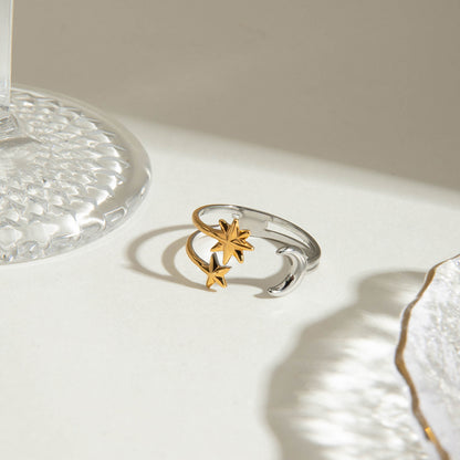 18K Gold Star and Moon Two Tone Silver Ring