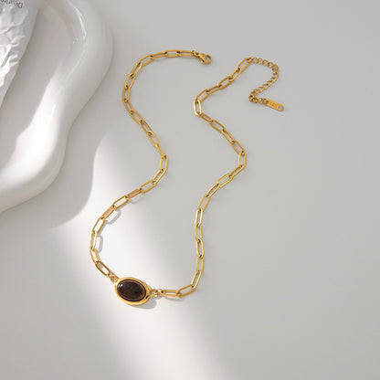 18K Gold Tiger Eye Paperclip Chain Herringbone Choker Layered Necklace Set
