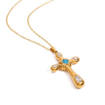 18K Gold Blue Halo Cross Pendant Statement Long Necklace