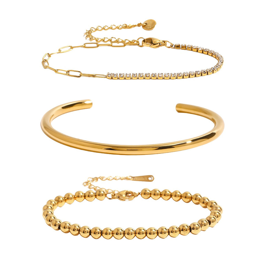 18K Gold The Fine Edit Beaded Chain Tennis Cuff Bangle Bracelet Stack