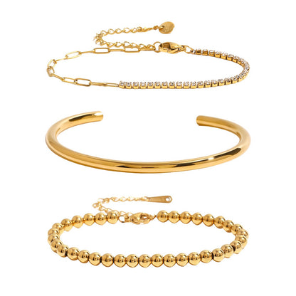 18K Gold The Fine Edit Beaded Chain Tennis Cuff Bangle Bracelet Stack