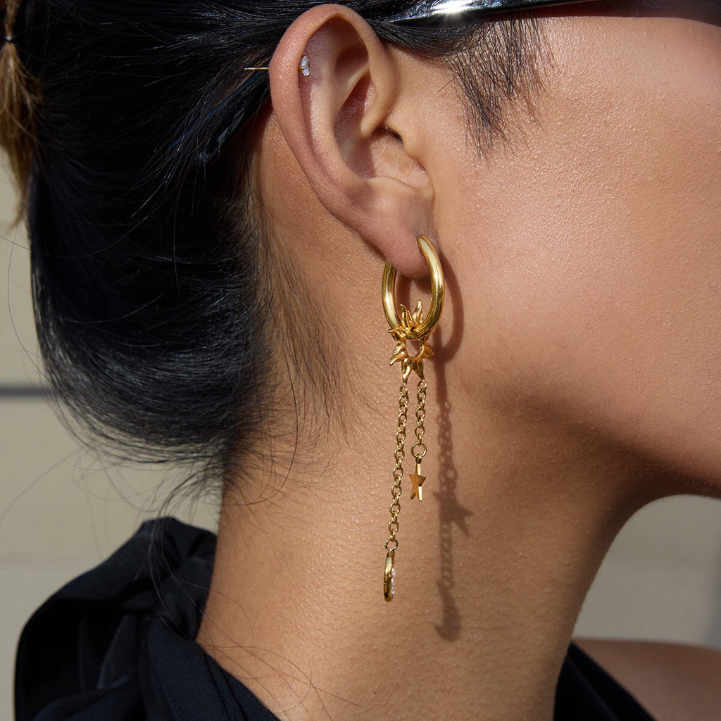 18K Gold Celestial Sun Moon and Star Drop Dangle Huggie Earrings