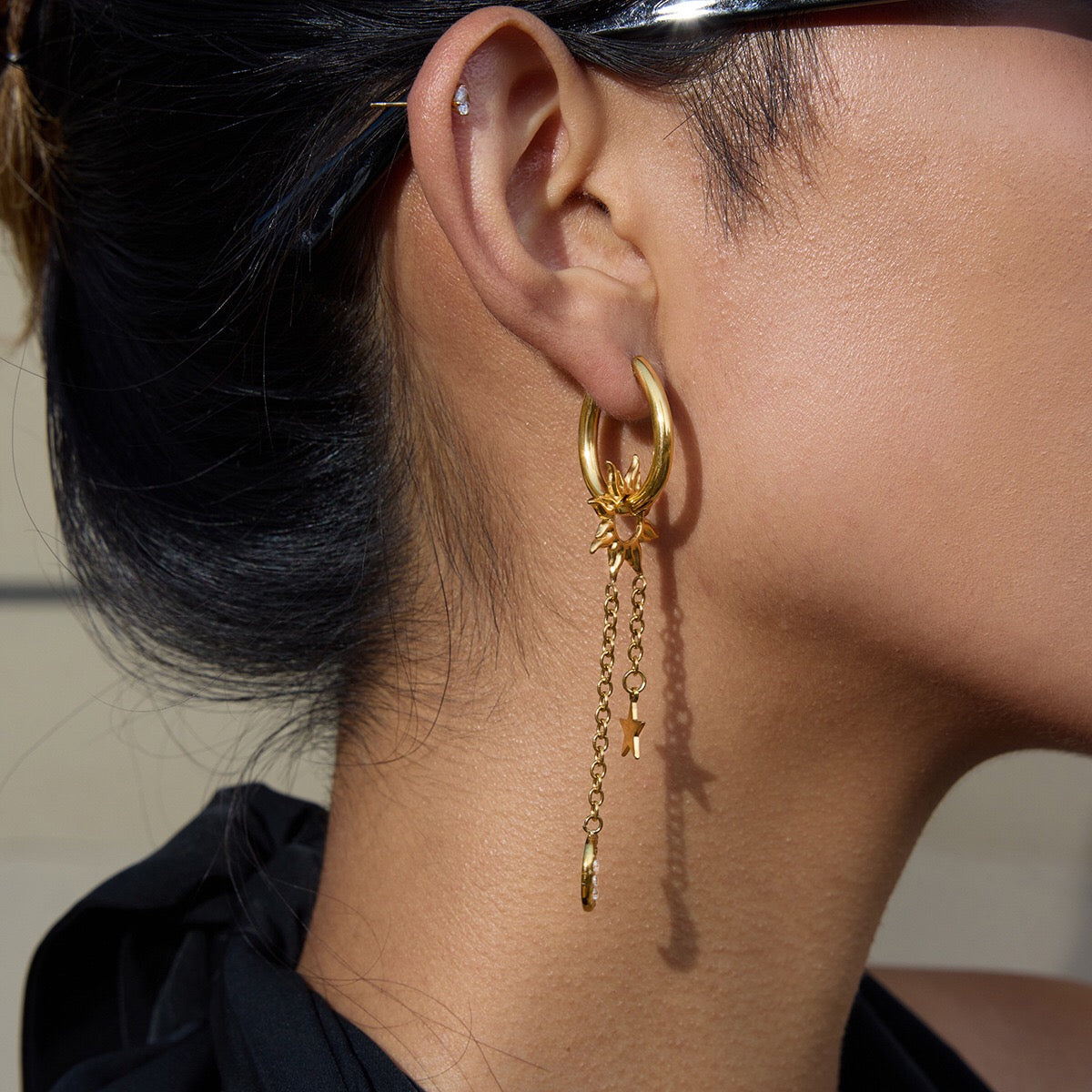 18K Gold Celestial Sun Moon and Star Drop Dangle Huggie Earrings