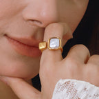 18K Gold Classy Square Pearl Cuff Ring