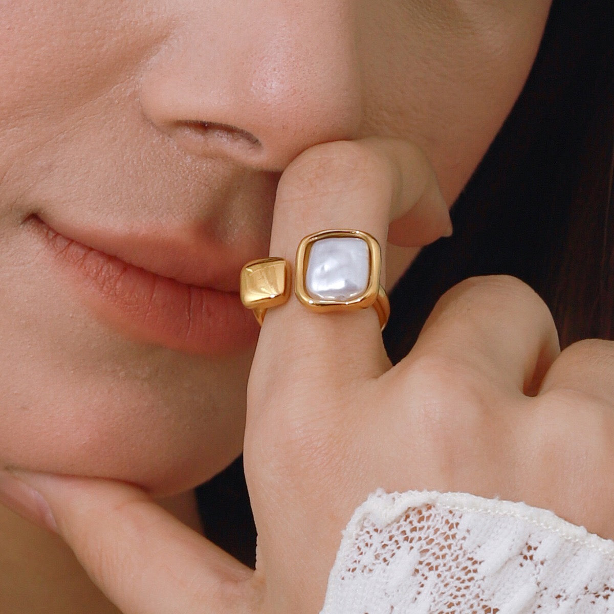 18K Gold Classy Square Pearl Cuff Ring