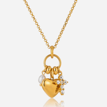 18K Gold Sinfully Yours Heart Cross Pearl Charm Necklace