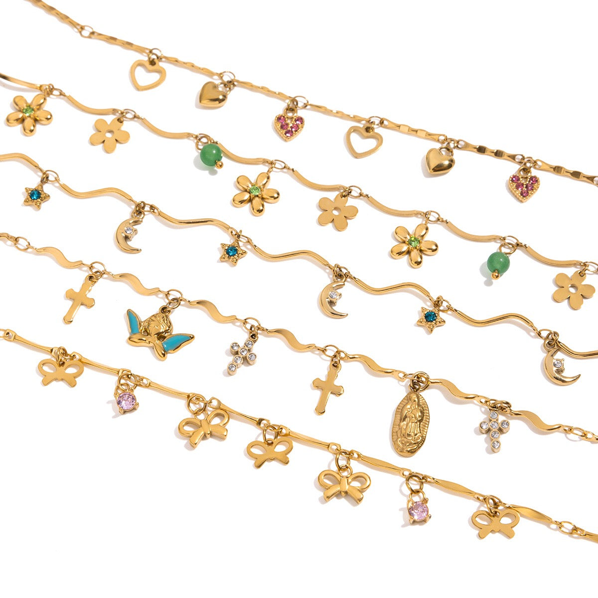 18K Gold Flirt Flower Bow Heart Charm Chain Bracelet Stack