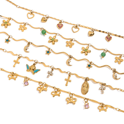 18K Gold Flirt Flower Bow Heart Charm Chain Bracelet Stack