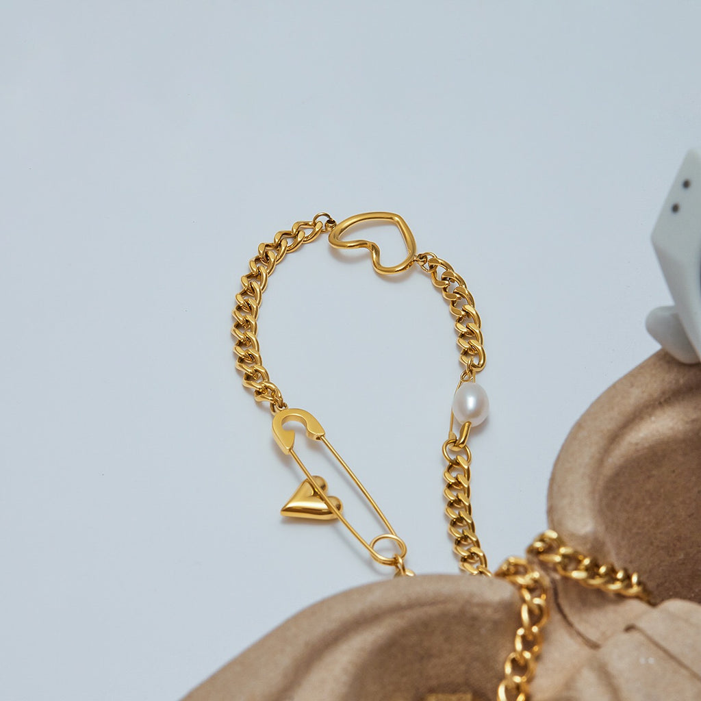 18K Gold Heart Safety Pin Pearl Cuban Curb Chain Necklace