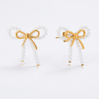 18K Gold Coquette Bow Pearl Chain Layered Necklace & Stud Earrings & Bracelet & Ring Set