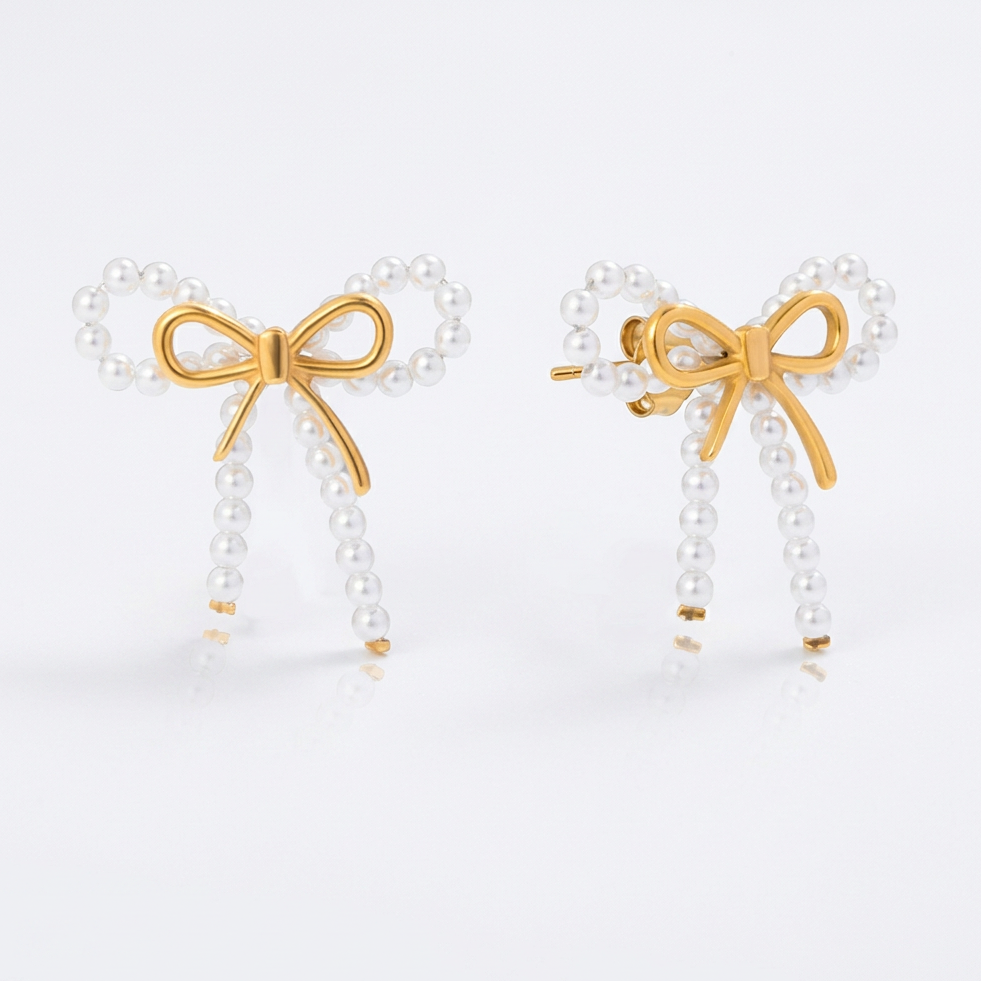 18K Gold Coquette Bow Pearl Chain Layered Necklace & Stud Earrings & Bracelet & Ring Set