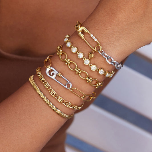18K Gold and Silver Two Tone Safety Pin Dainty Chain Bracelet Stack