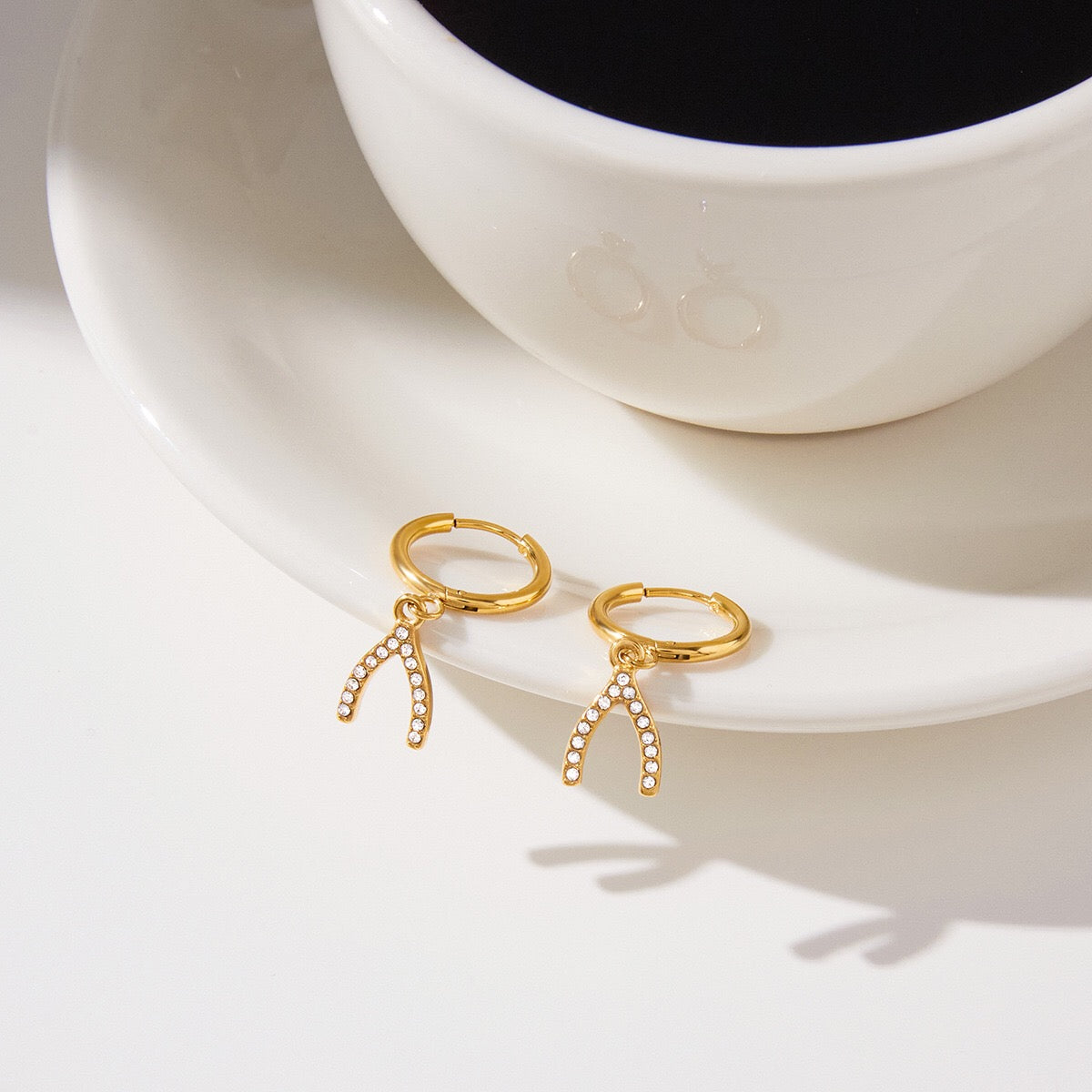 18K Gold Bling Wishing Bone Small Hoop Huggie Earrings with Charm