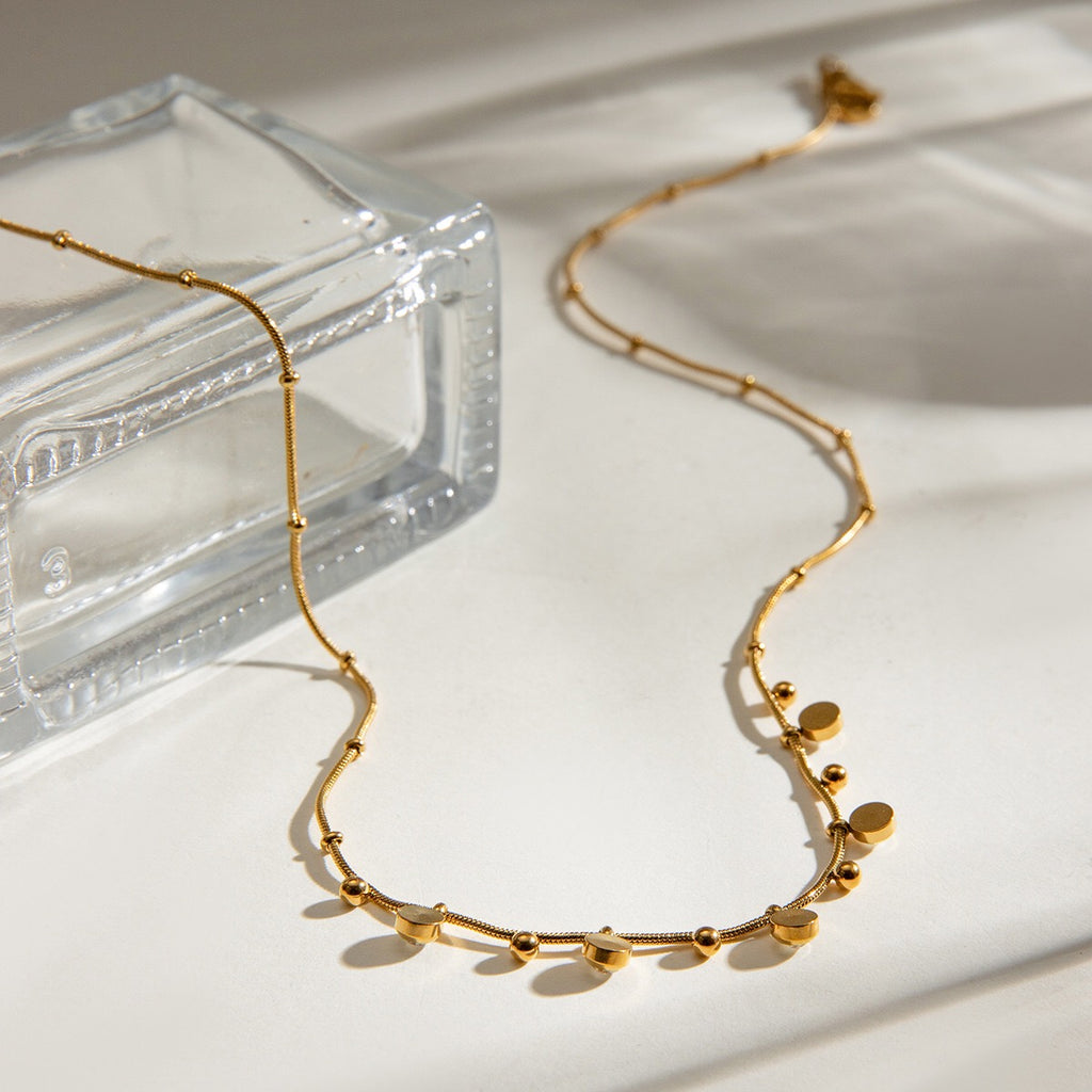 18K Gold CZ Sprinkle Beaded Chain Dainty Necklace