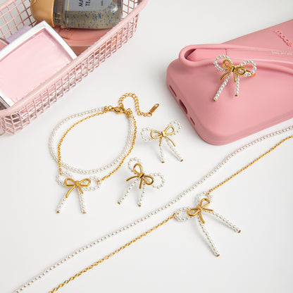 18K Gold Coquette Bow Pearl Pendant Double Chain Layered Necklace Set