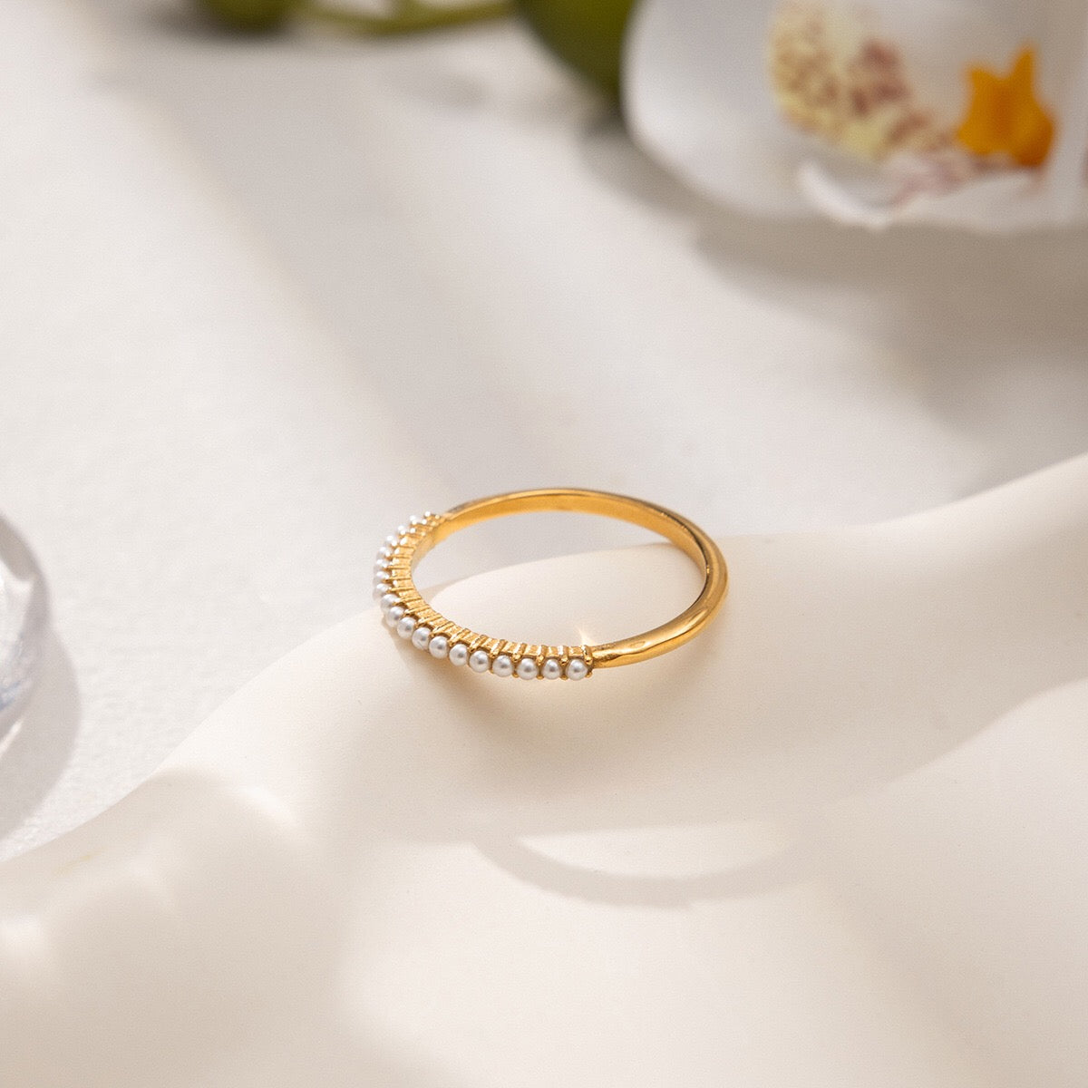 18K Gold Pearl Evermore Dainty Eternity Stacking Ring