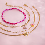 18K Gold Hot Pink Beaded Flower Bow Heart Chain Bracelet Stack