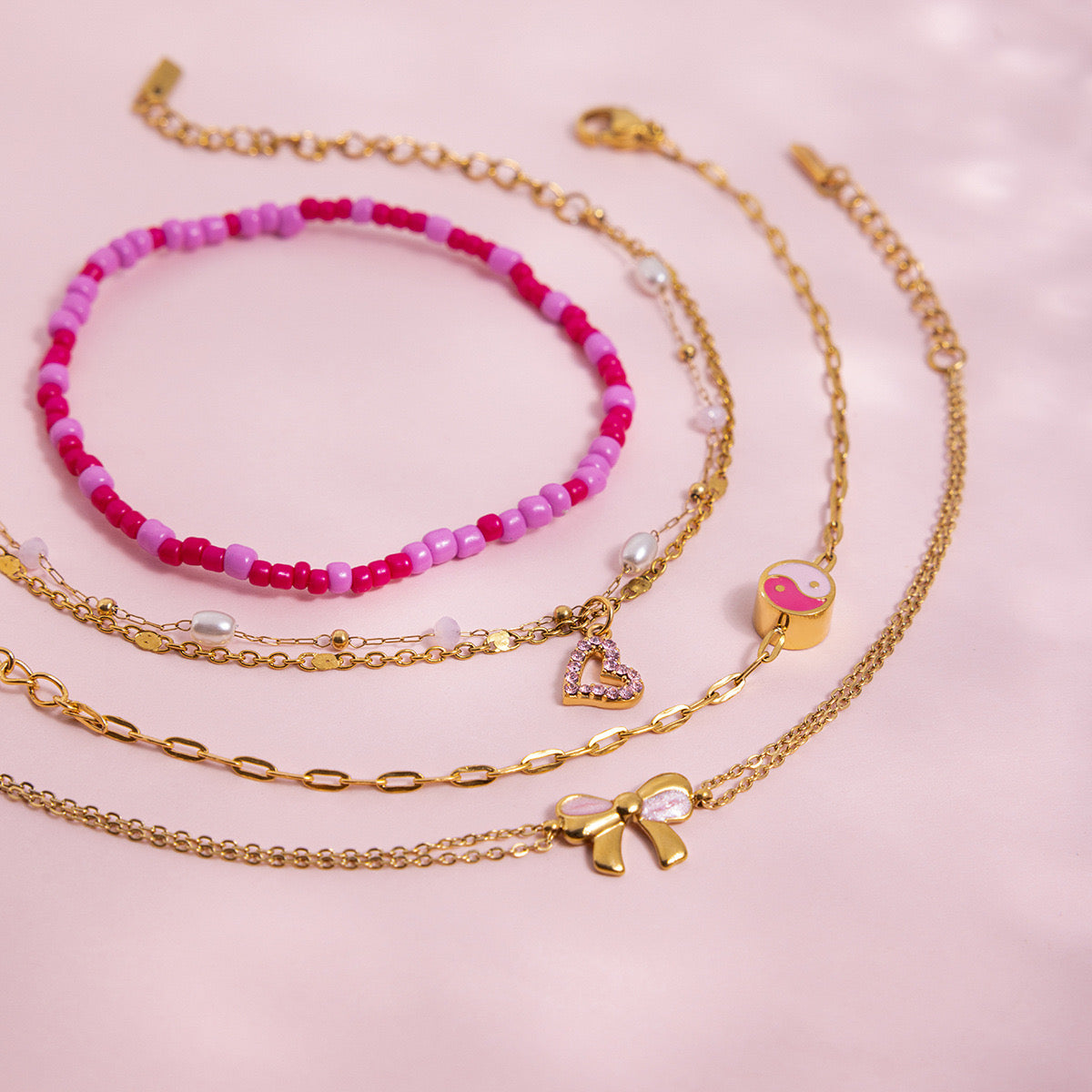 18K Gold Hot Pink Beaded Flower Bow Heart Chain Bracelet Stack