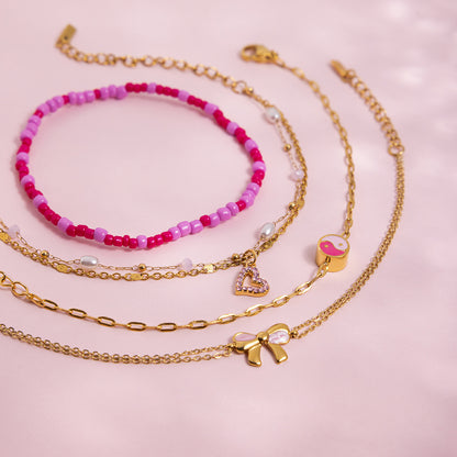 18K Gold Hot Pink Beaded Flower Bow Heart Chain Bracelet Stack