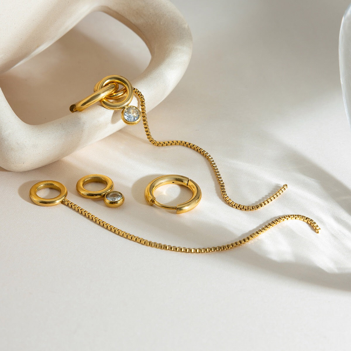 18K Gold Elite Long Drop Small Hoop Huggie Earrings