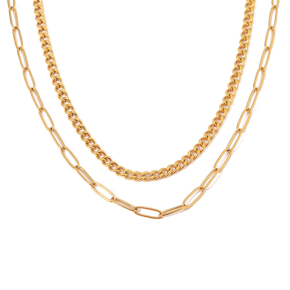 18K Gold Paperclip Cuban Link Chain Layered Necklace Set
